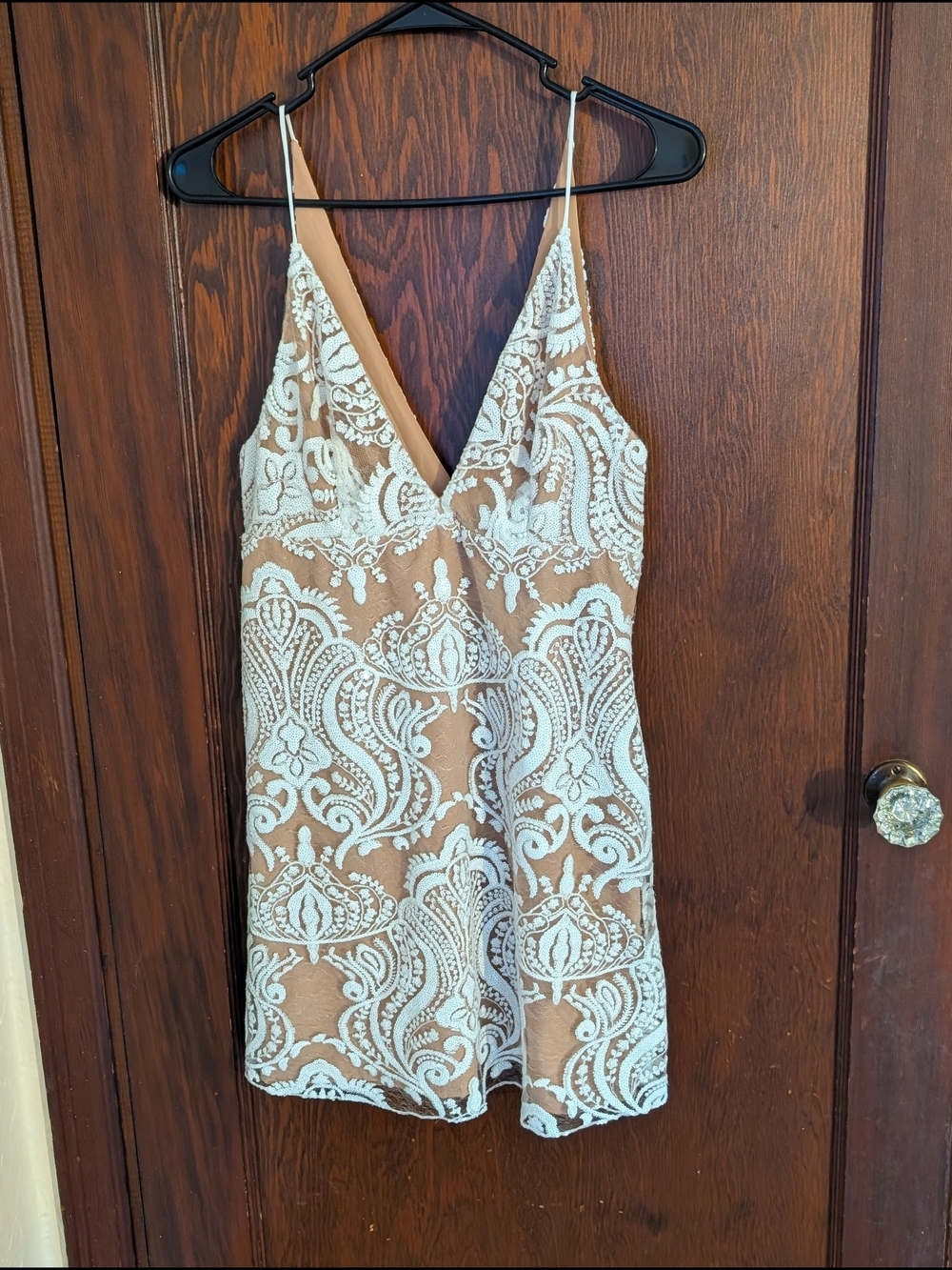 Free People Beige Slip Dress with White Lace Overlay Night Shimmers Bridal